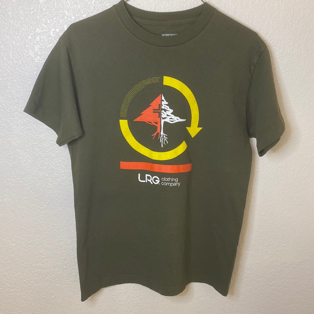 Medium olive green LRG clothing company skate shirt.